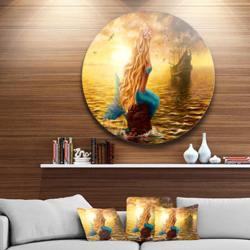 Sea Mermaid with Ghost Ship - Sea & Shore Metal Circle Wall Art